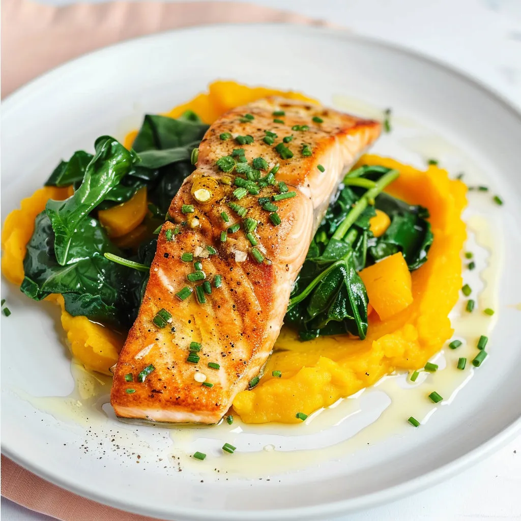 Filets de truite dorés, purée crémeuse à la Butternut et pointe d'herbes fraîches.