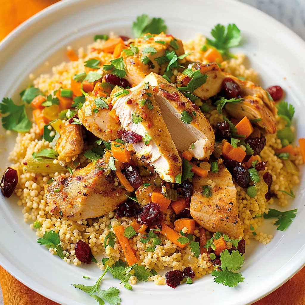 Un plat de poulet et légumes avec carottes, cumin et herbes de Provence, servi sur une assiette en porcelaine.