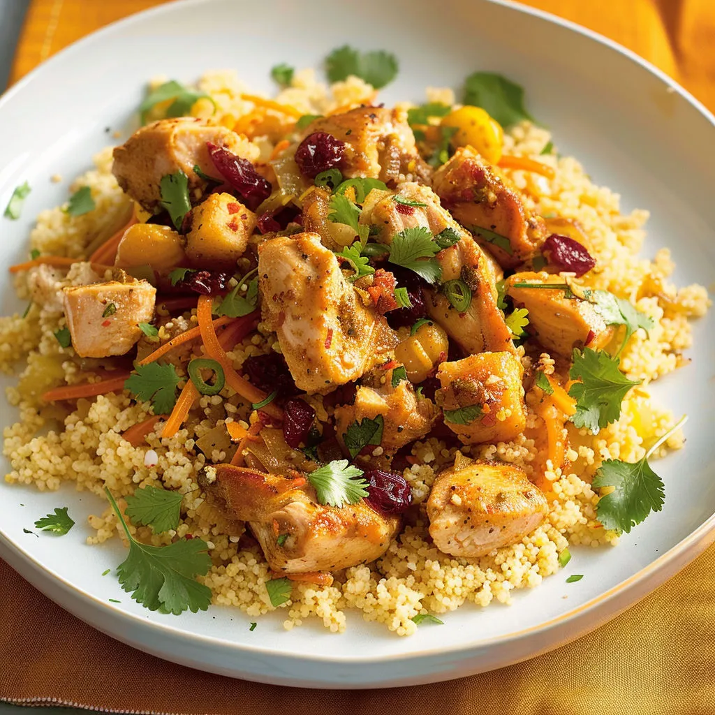 Du poulet avec du riz, des légumes et des épices dans une assiette.
