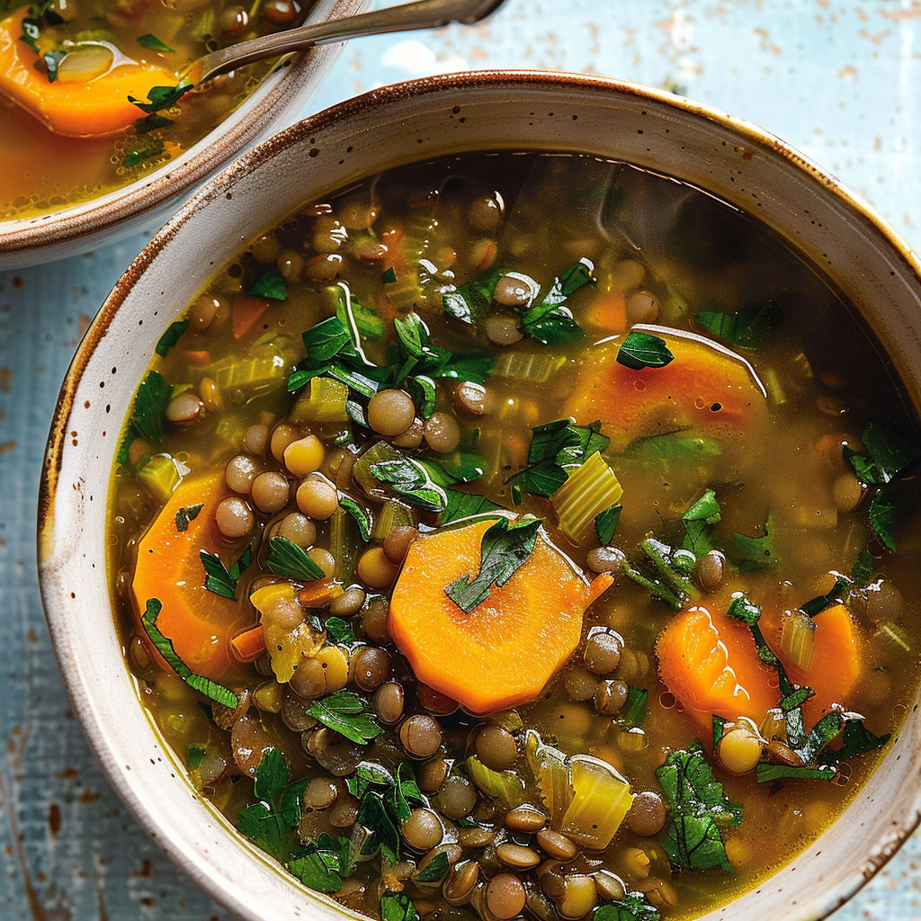 Un bol de soupe rustique aux lentilles et fanes carottes, ambiance potager à table.