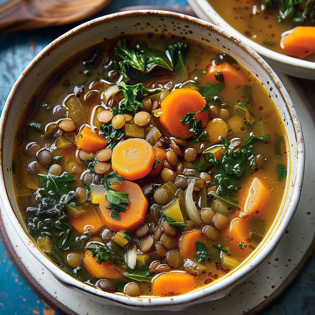 Un grand bol de soupe anti-gaspi lentilles, carottes fraîches et fanes parfumées.