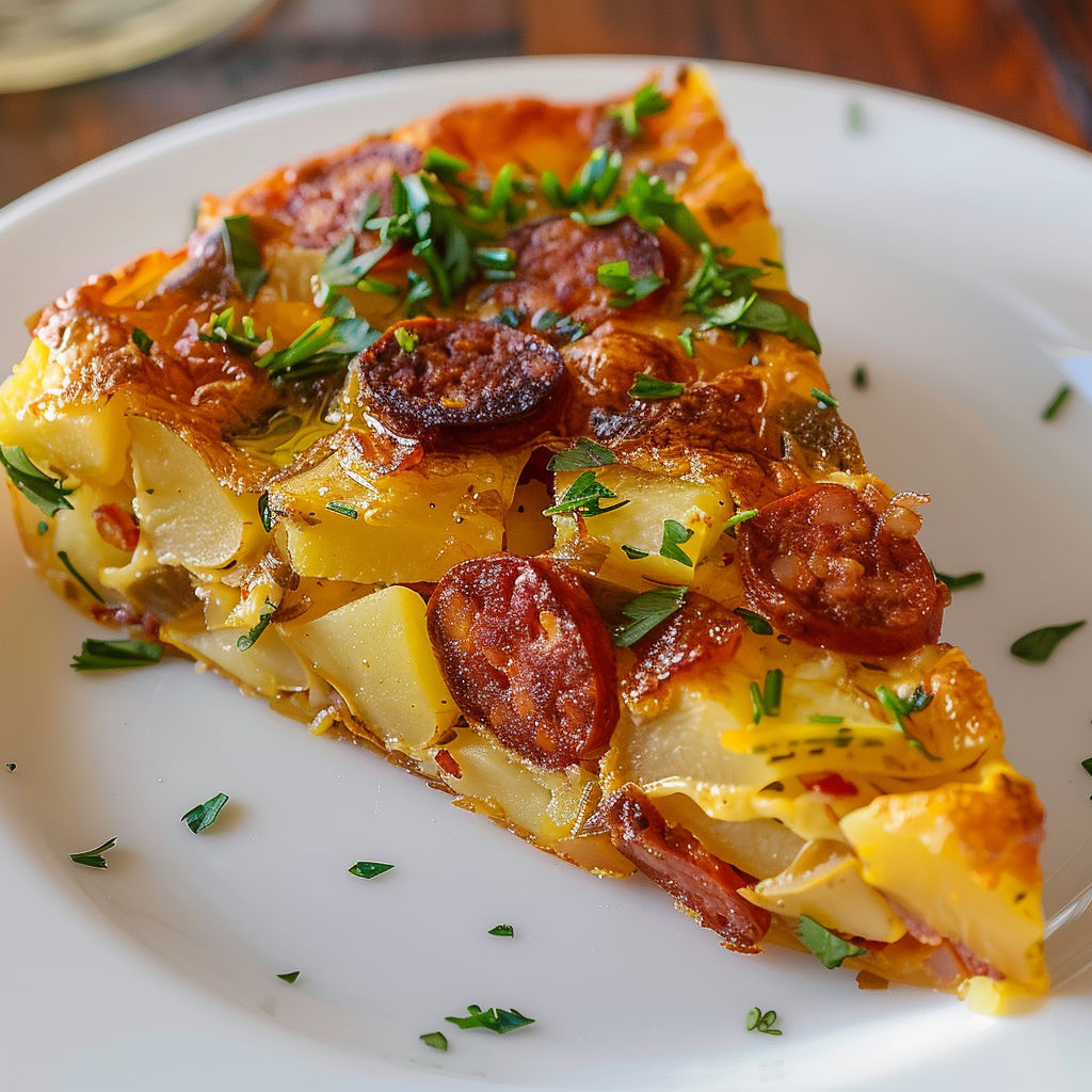 Un plat de tortilla au chorizo est présenté avec élégance.