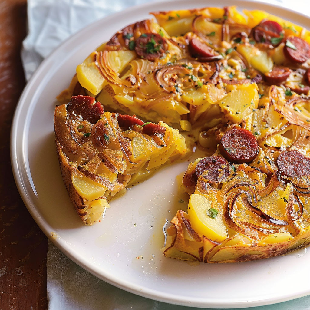 Vue d’une tortilla chorizo-pomme de terre, présentée sur un plat.