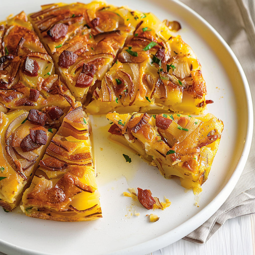 Vue d’une tortilla pommes de terre et chorizo, servie entière sur un plateau.