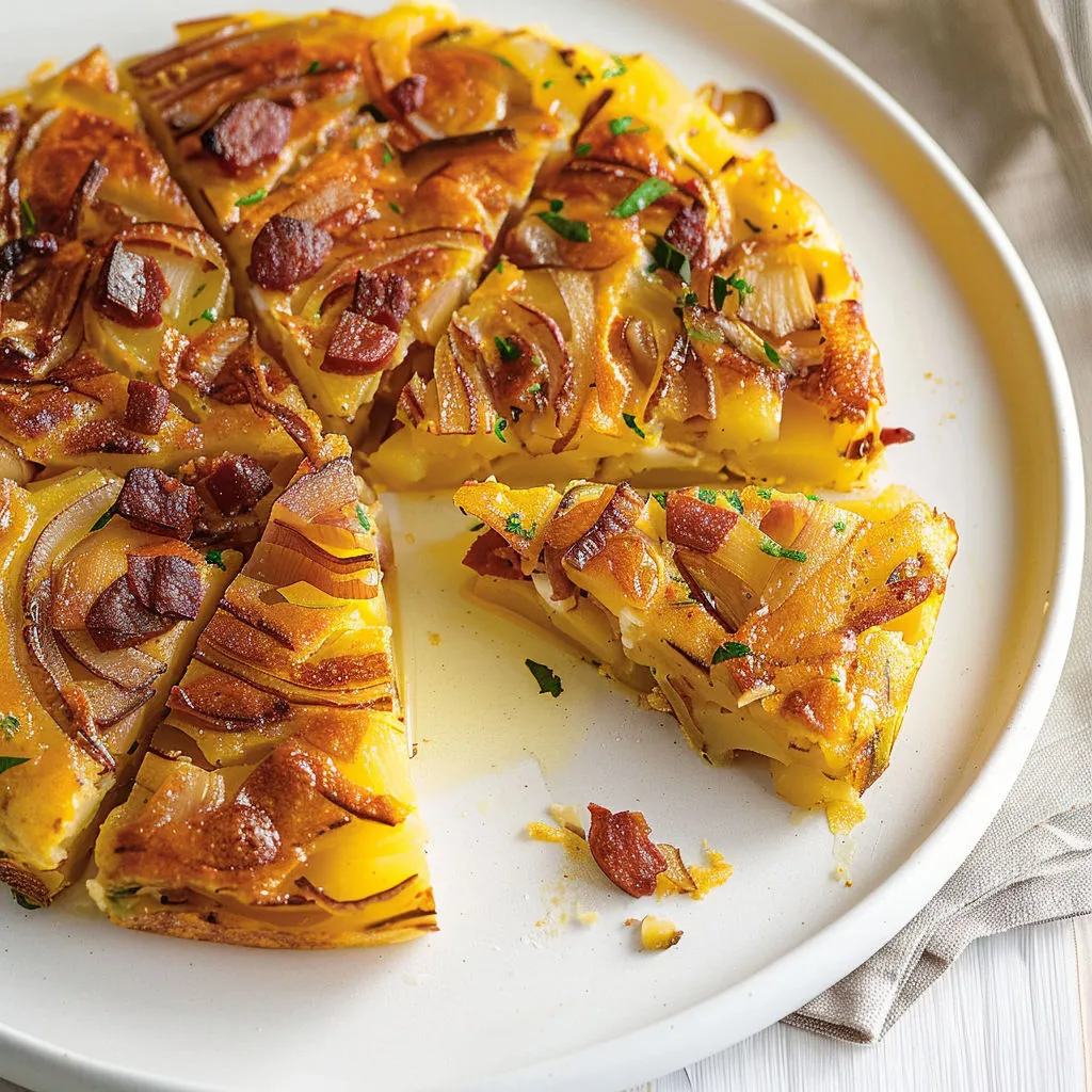Vue d’une tortilla pommes de terre et chorizo, servie entière sur un plateau.