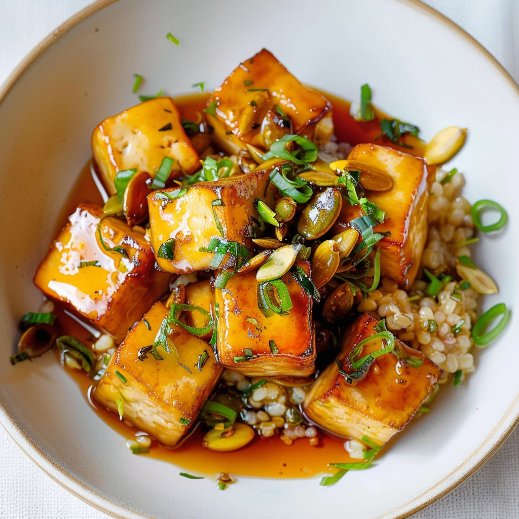 Tofu caramélisé avec graines de citrouille, sauce brillante et herbes fraîches.