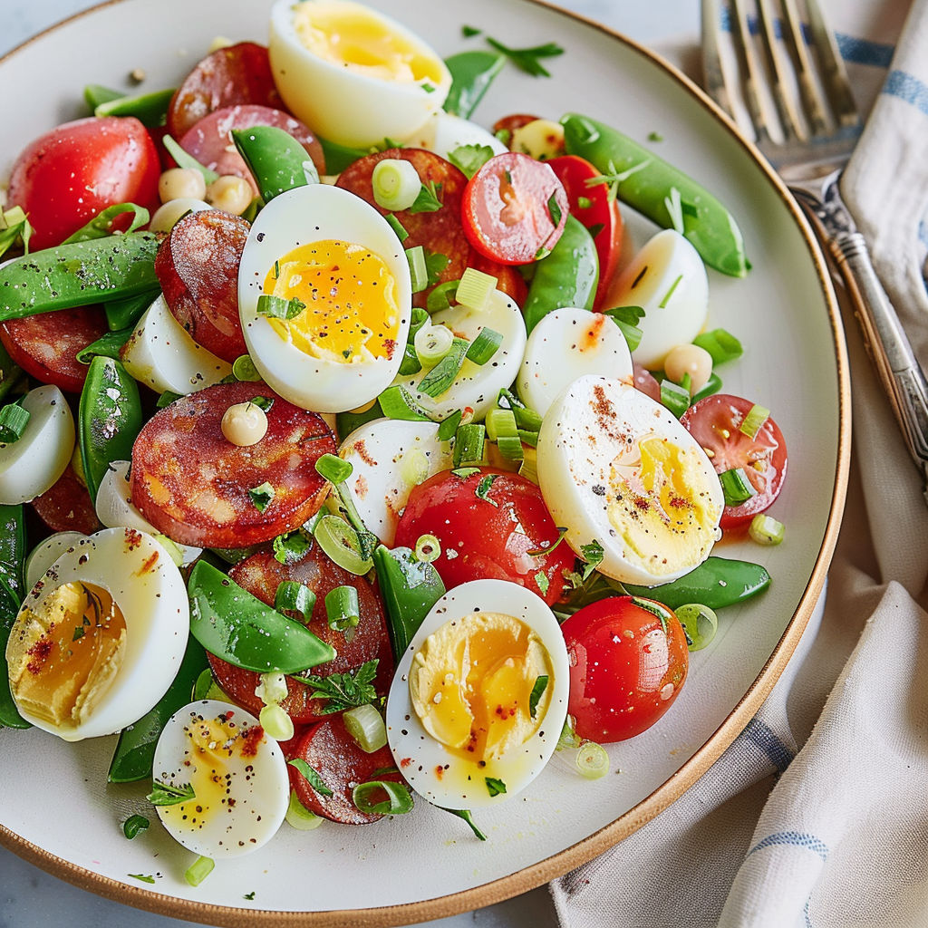 Un mélange d'œufs, petits pois et pommes de terre servi joliment en salade.