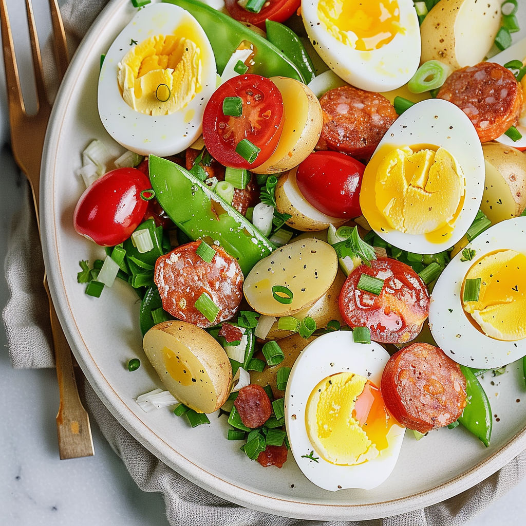 Dans une assiette, une salade printanière avec œufs durs, pois mange-tout croquants et pommes de terre nouvelles.