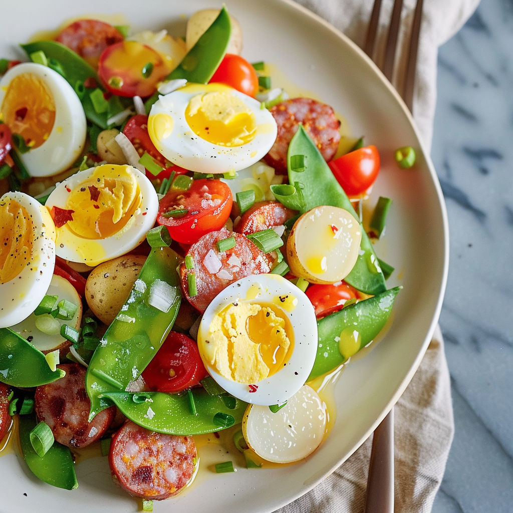 Salade éclatante avec œufs, chorizo, pois mange-tout et pommes de terre toute tendres.