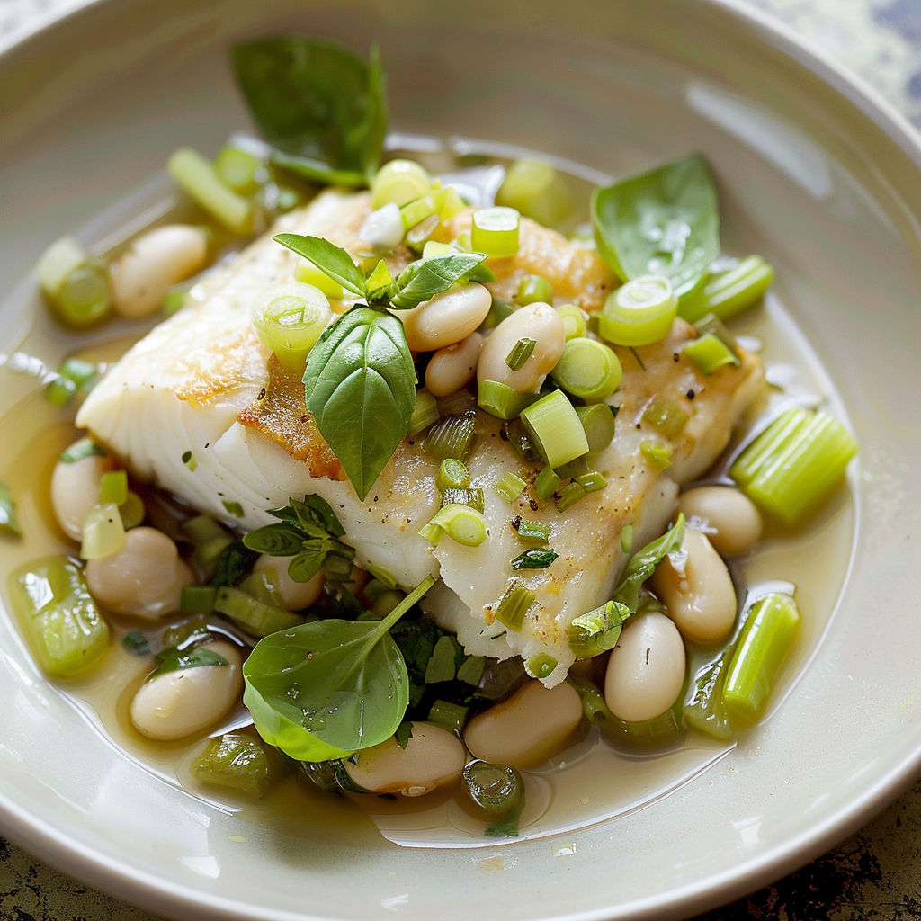 Plat de poisson fondant avec haricots blancs et céleri doux.