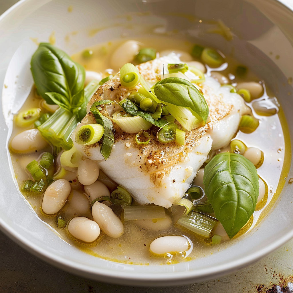 Poisson blanc moelleux, haricots blancs au citron et céleri fondant.