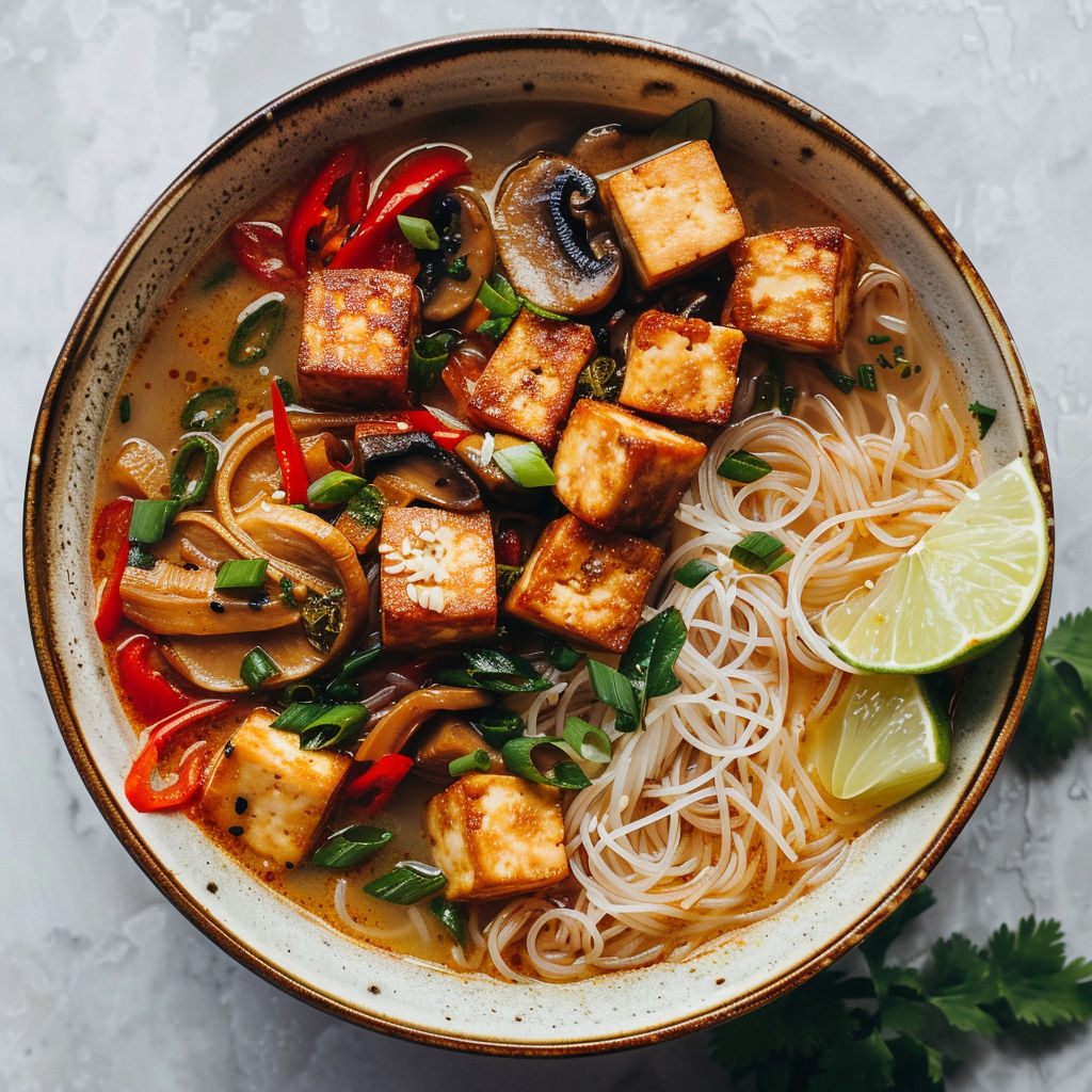 Un bol de soupe miso garnie de champignons et de tofu soyeux.