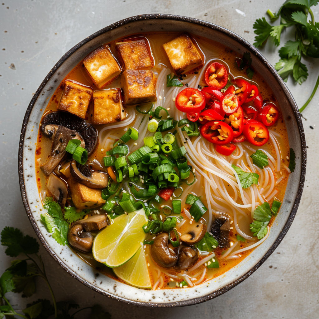 Un grand bol de soupe miso fumante aux champignons et tofu tout doux, relevé de lime.