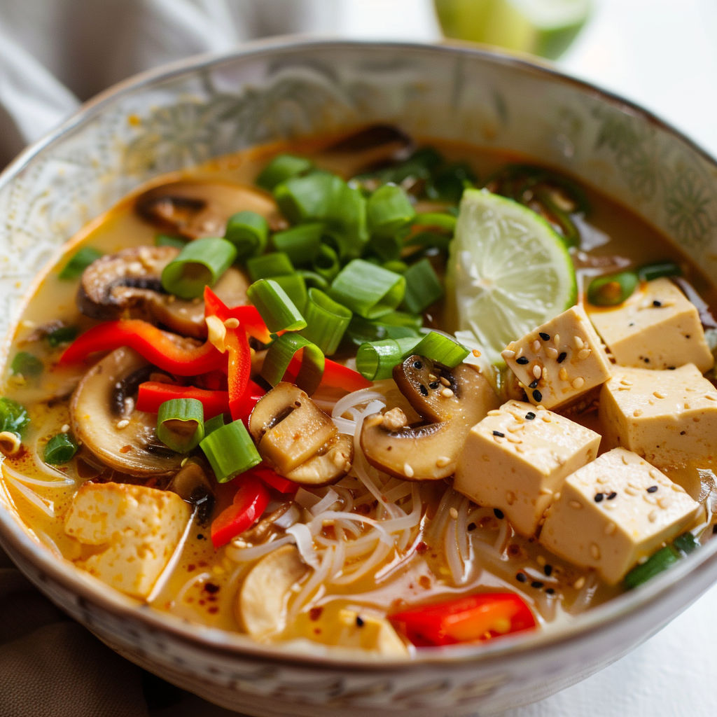 Un bol gourmand au miso, champignons dorés et poivron croquant, servi avec lime pressée.