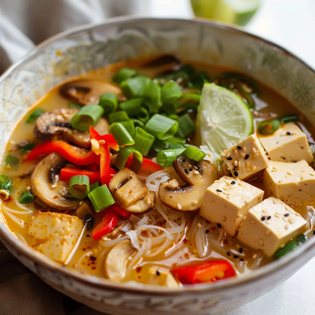Un bol gourmand au miso, champignons dorés et poivron croquant, servi avec lime pressée.