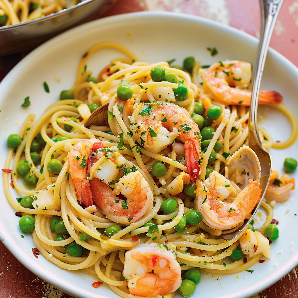 Assiette de spaghetti avec crevettes et pois verts.