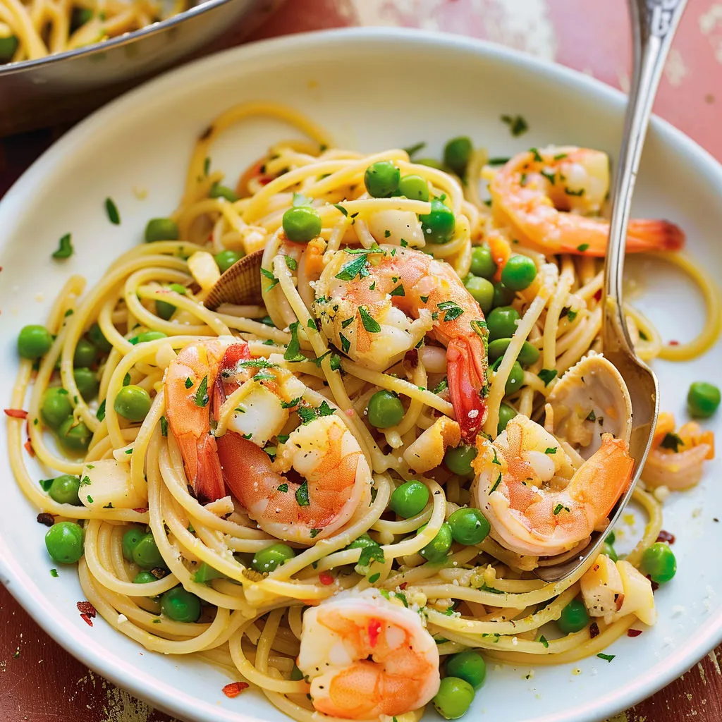 Assiette de spaghetti avec crevettes et pois verts.