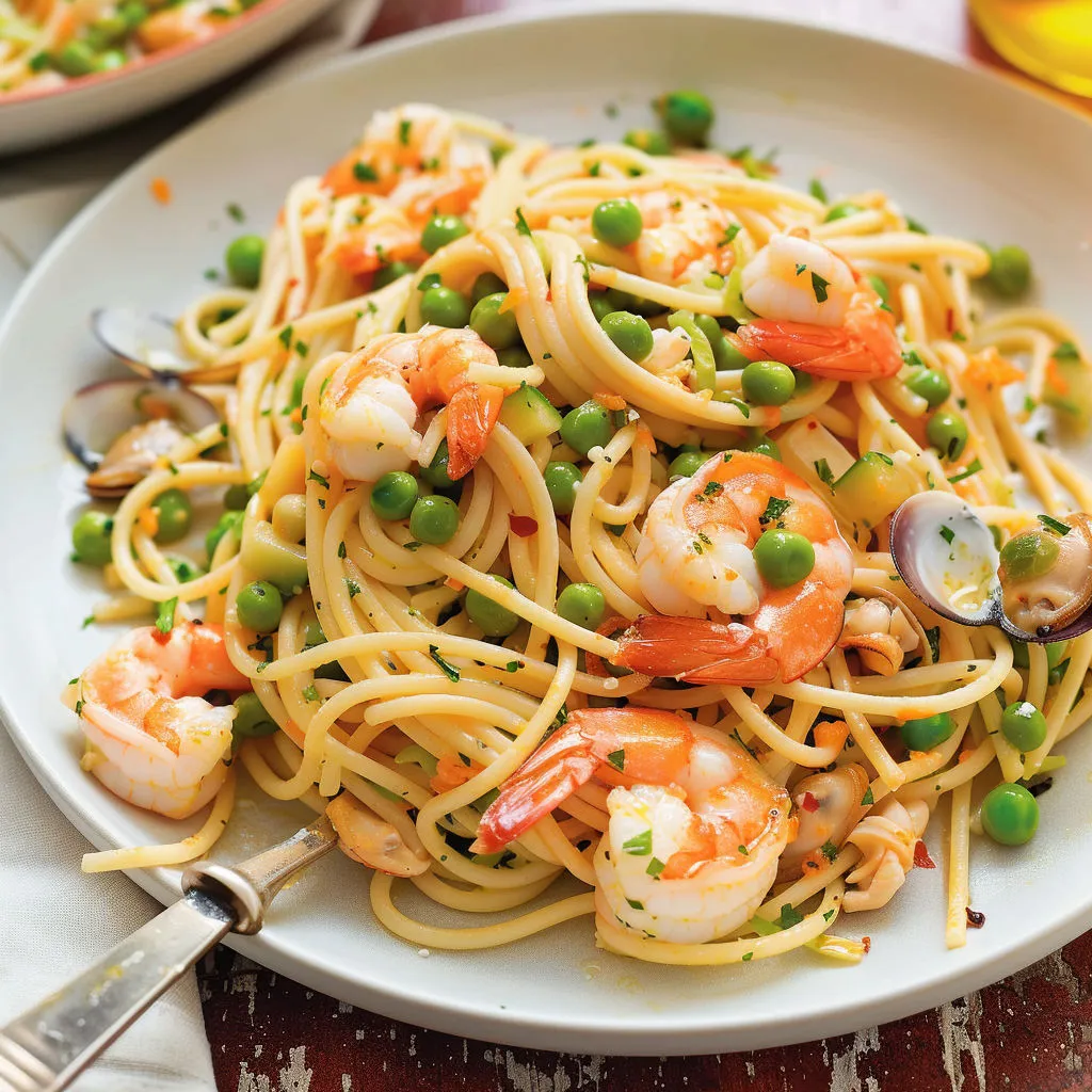 Assiette de spaghetti crevettes pois avec salade verte.