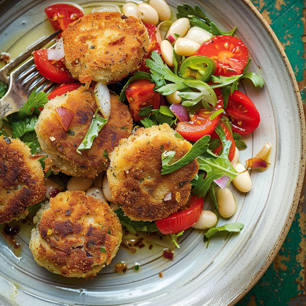 Un plat généreux avec haricots blancs, croquettes de sardines croustillantes et tomates confites.