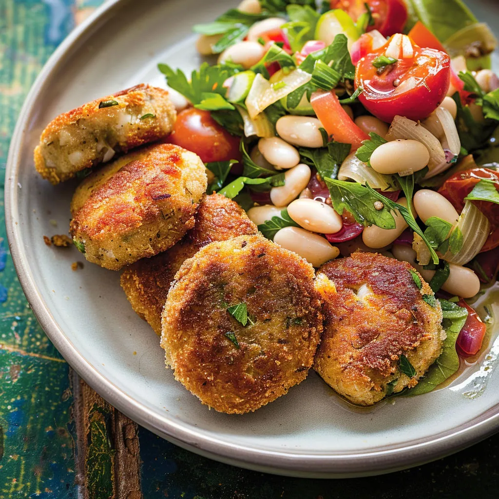 Une assiette de salade tiède avec galettes dorées de sardines et tomates confites.