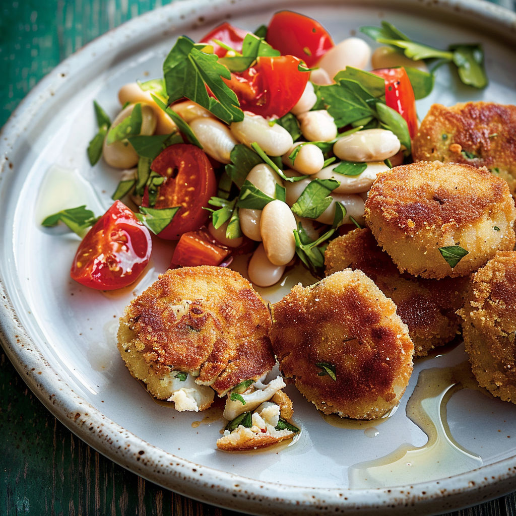 Un plat rustique de croquettes de sardines dorées avec salade de haricots et tomates confites.