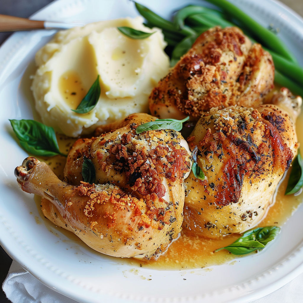 Plat de poulet croquant au basilic et au parmesan, servi avec des haricots verts et des pommes de terre.