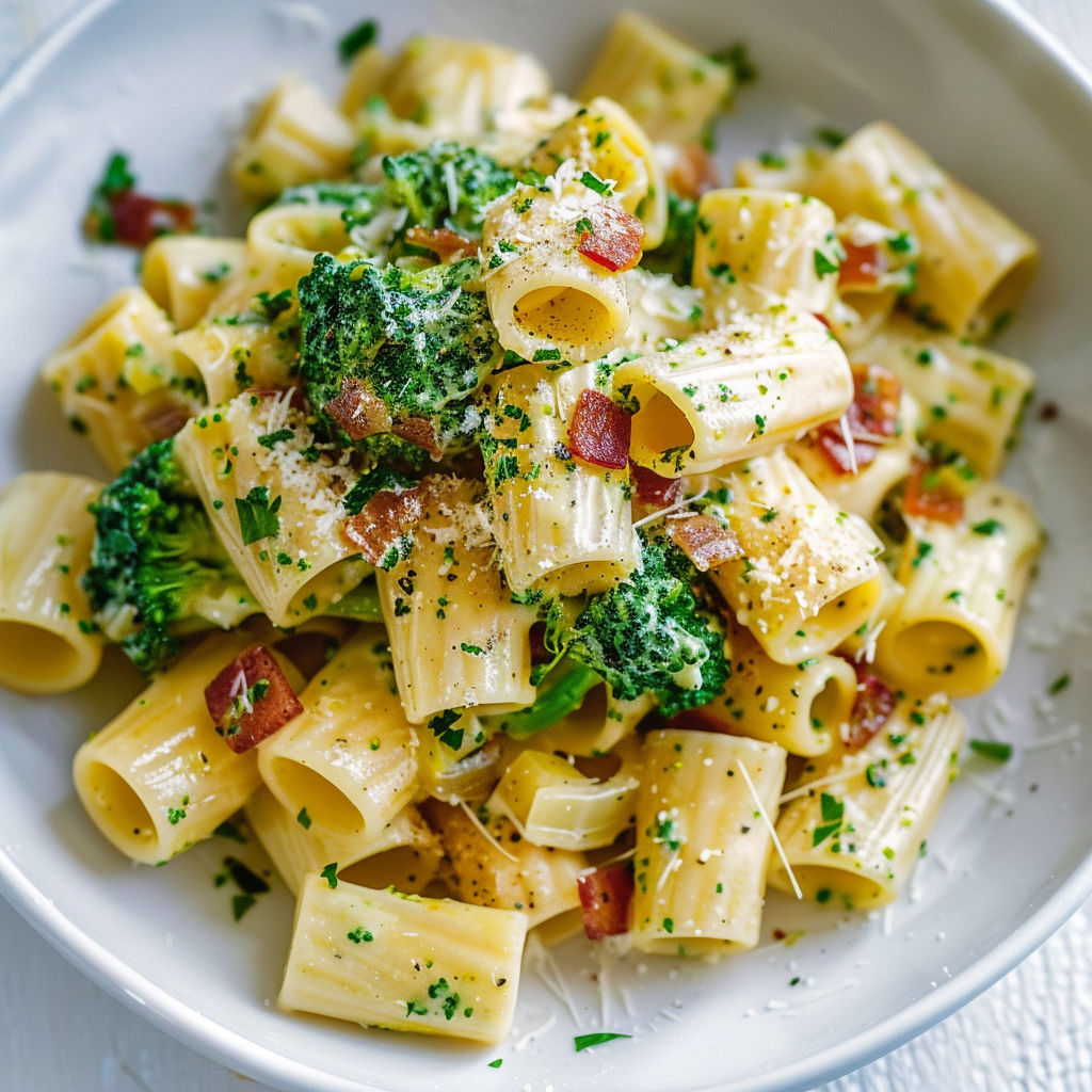 Une assiette de rigatonis crémeux avec pancetta et brocoletti.