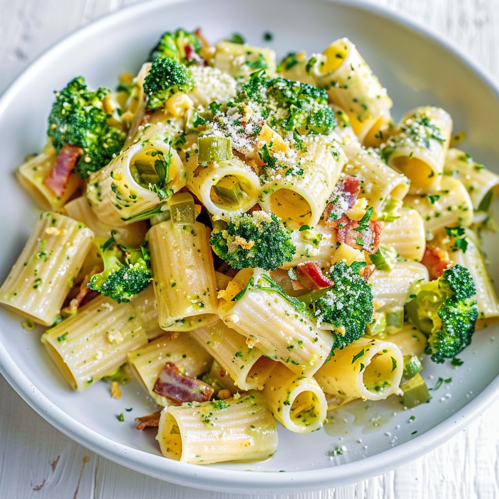 Gros plan d’un plat de rigatoni au brocoli, pancetta croustillante et petits morceaux de poireau.