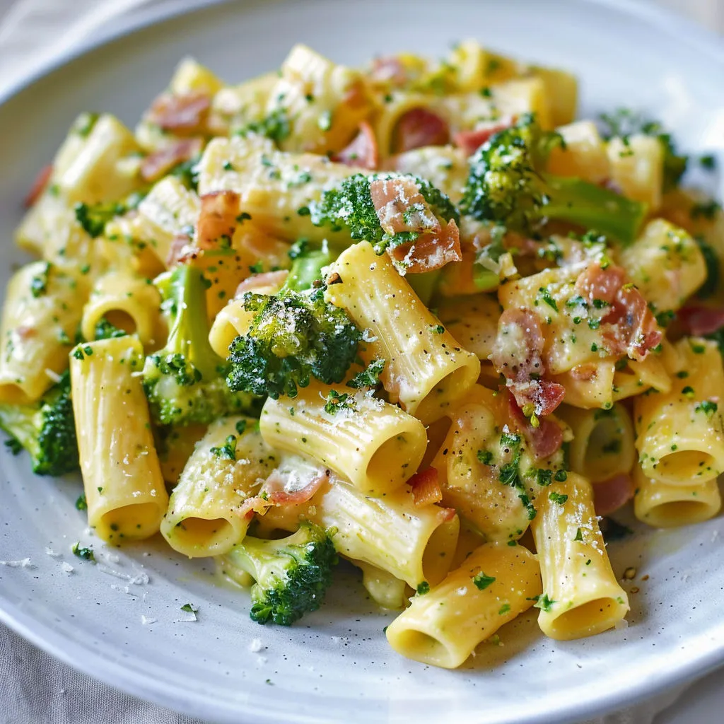 Assiette colorée avec des rigatonis verts, brocolis, poireaux et copeaux de parmesan.