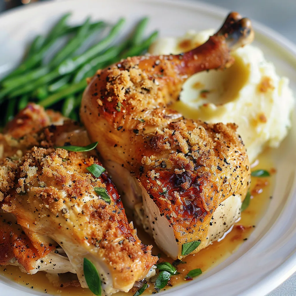 Poulet doré accompagné de légumes verts et pommes de terre. Plat savoureux et plein de goût.
