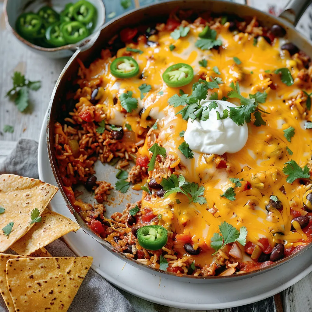 Plat mexicain avec bœuf, riz, haricots noirs, cheddar fondu, et tortillas croustillantes.