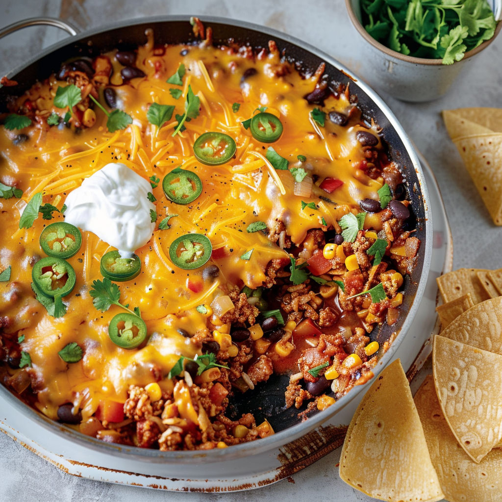 Casserole mex mex avec tortillas dorées, riz, fromage fondu, épices et légumes.