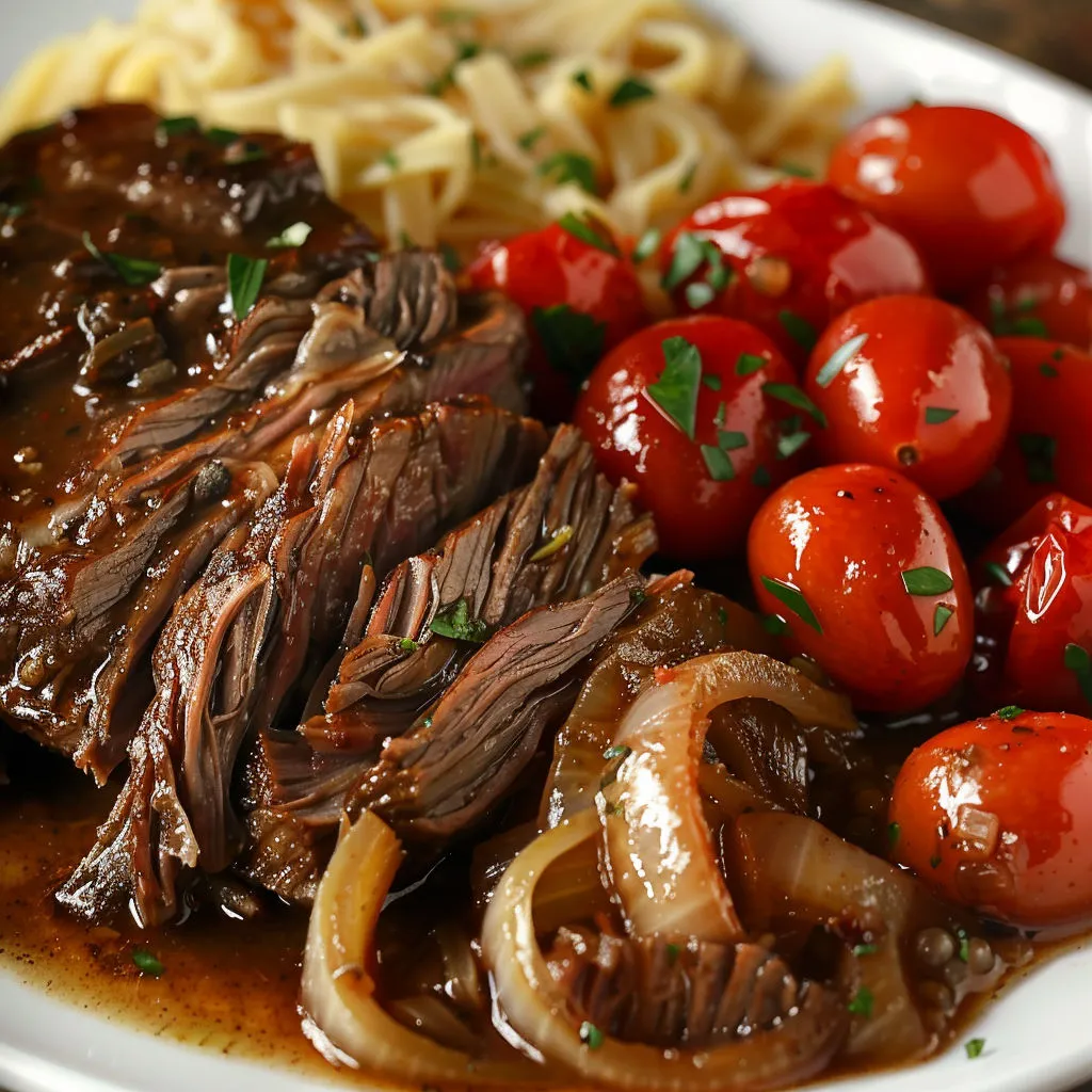Un plat de bœuf grillé accompagné de tomates cerises et de pâtes.