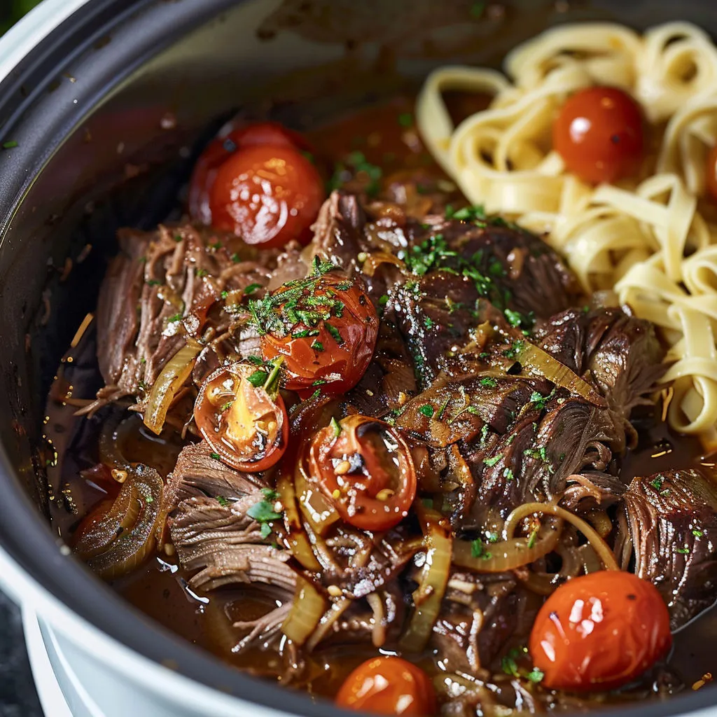 Du bœuf tendre avec des tomates et un peu de pâtes à côté.