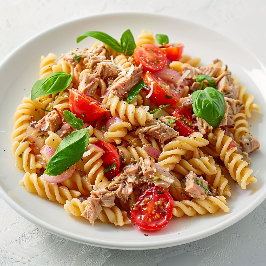 Salade froide de pâtes, tomates et aromates.