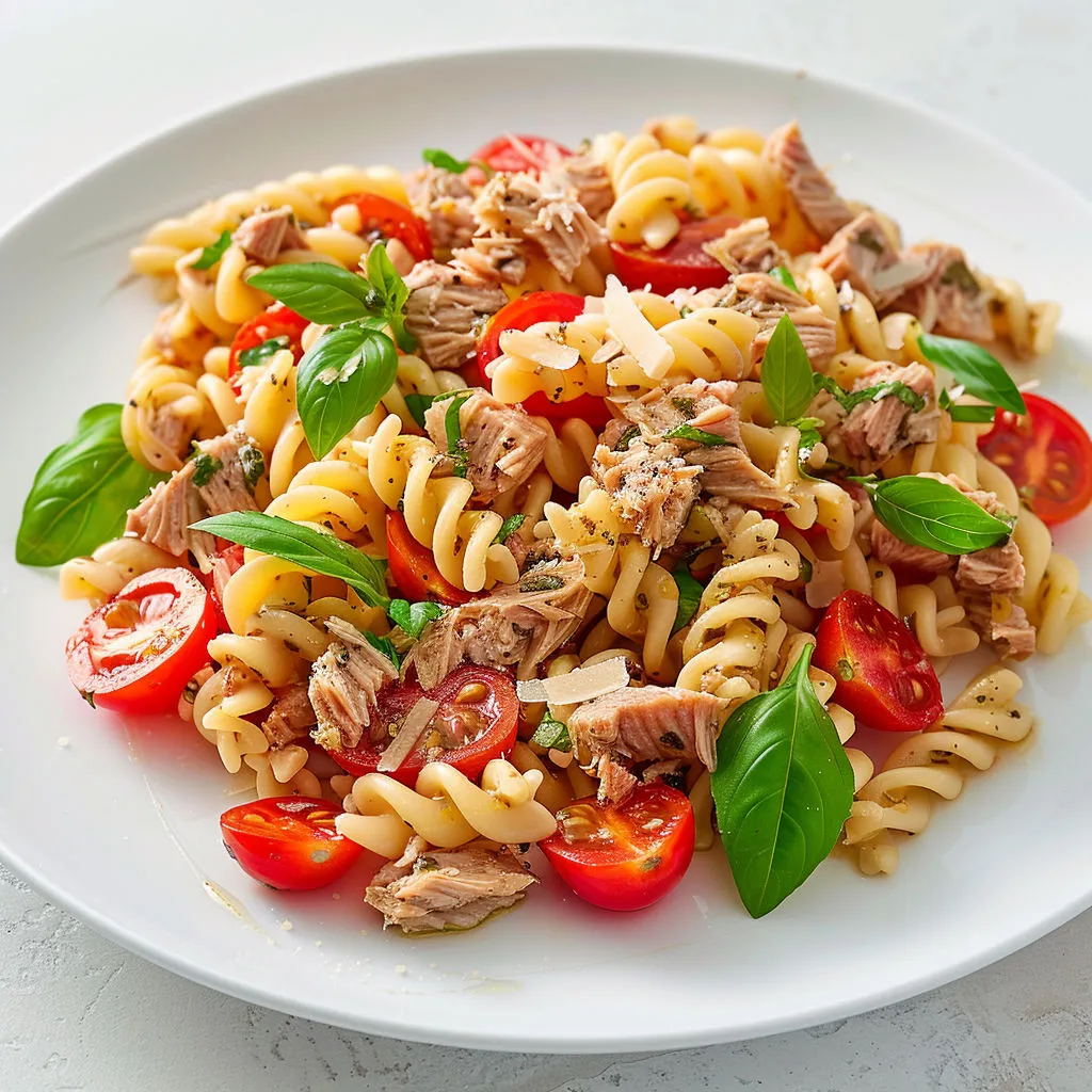 Une assiette de spaghetti avec tomates et herbes.