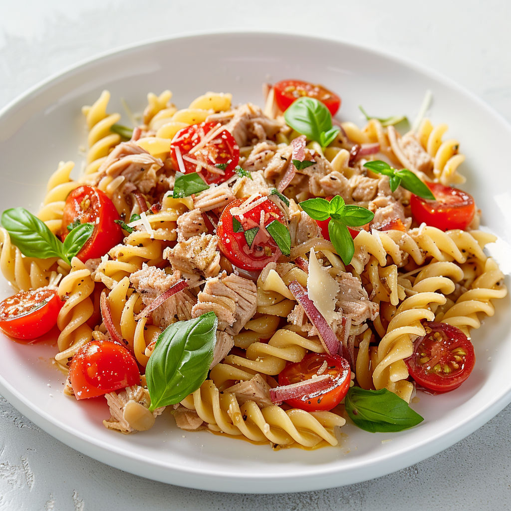 Une assiette de spaghetti avec tomates et herbes.