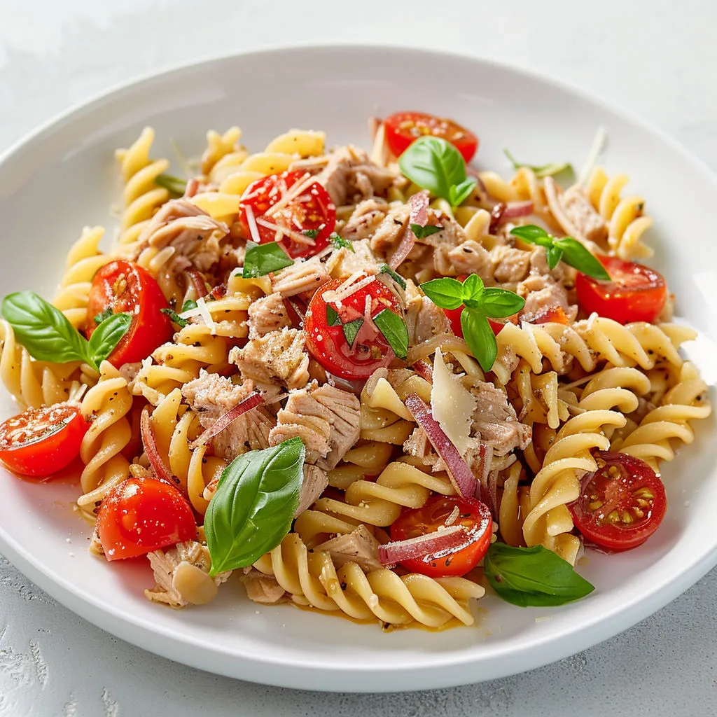 Une assiette de spaghetti avec tomates et herbes.