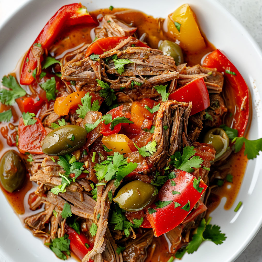 Bœuf mijoté avec tomates, poivrons et olives dans une assiette.