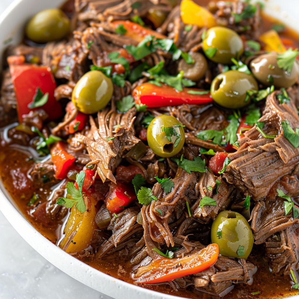 Mijoté cubain de bœuf, intense en goût, avec olives et tomates.