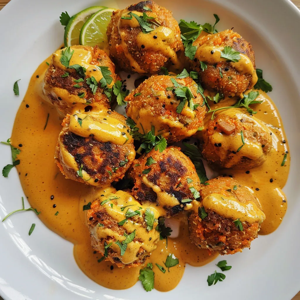 Boulettes carottes pois chiches bien dorées sous la sauce coco curry onctueuse.