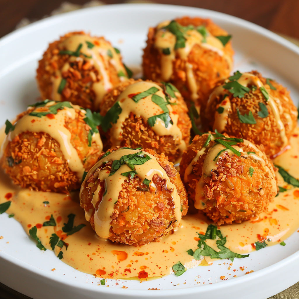 Une assiette de boulettes croustillantes, dorées, nappées de sauce onctueuse.
