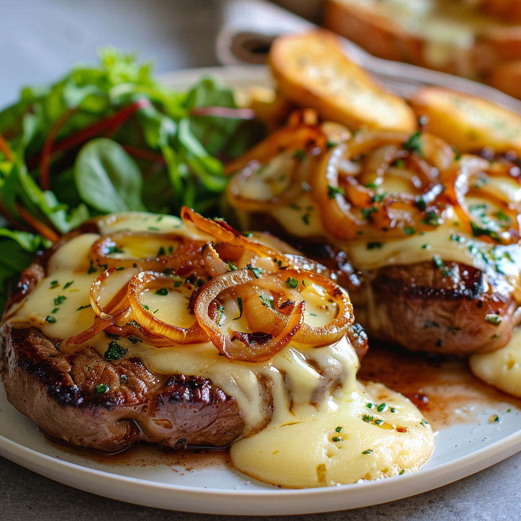 Steak doré avec fromage fondu et oignons sucrés.