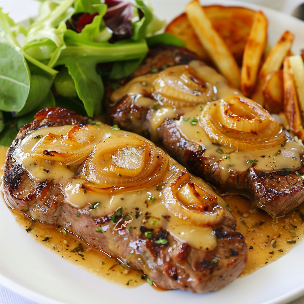 Steak au poivre avec des frites et salade verte.
