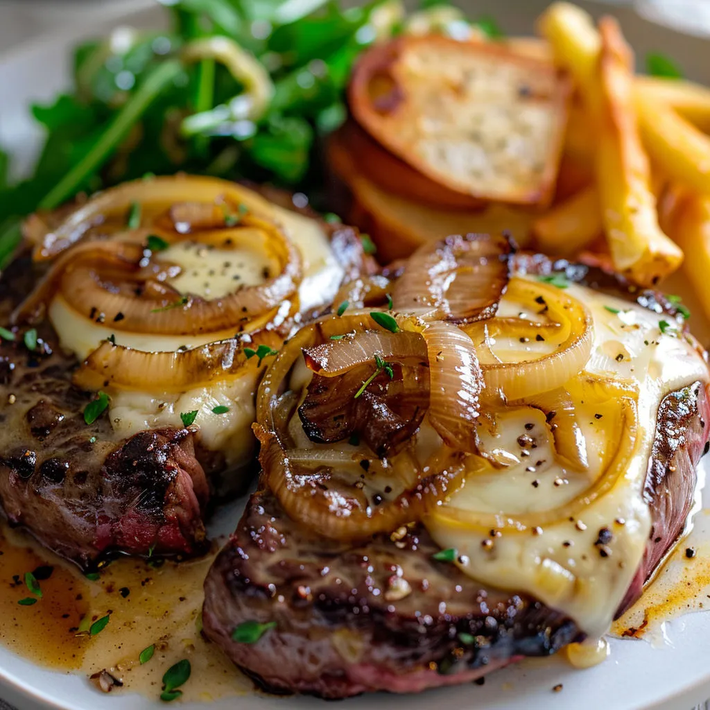 Steak poivré avec frites et légumes verts.