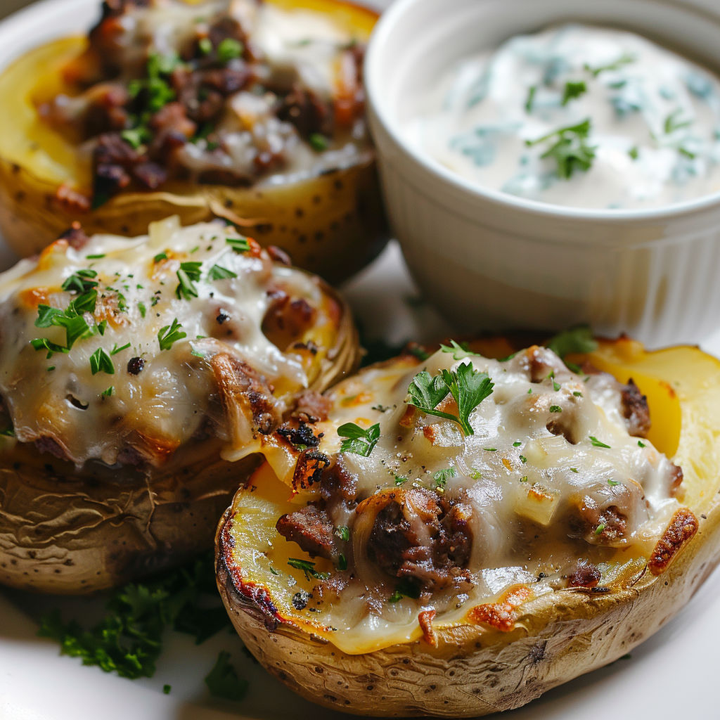 Plat de pommes de terre farcies, sauce et herbes fraîches à côté.