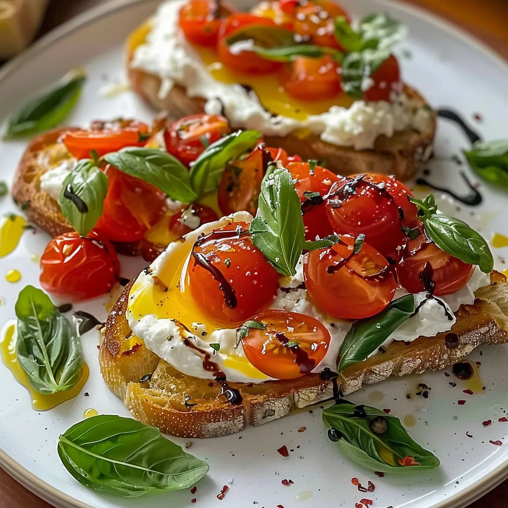 Des tranches de pain croustillant recouvertes de burrata crémeuse, de tomates cerises et de basilic frais, le tout bien coloré.