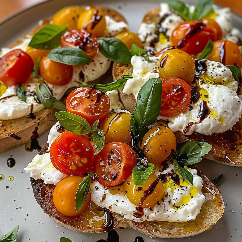 Du pain toasté garni de tomates, de burrata toute fondante et de basilic bien frais.