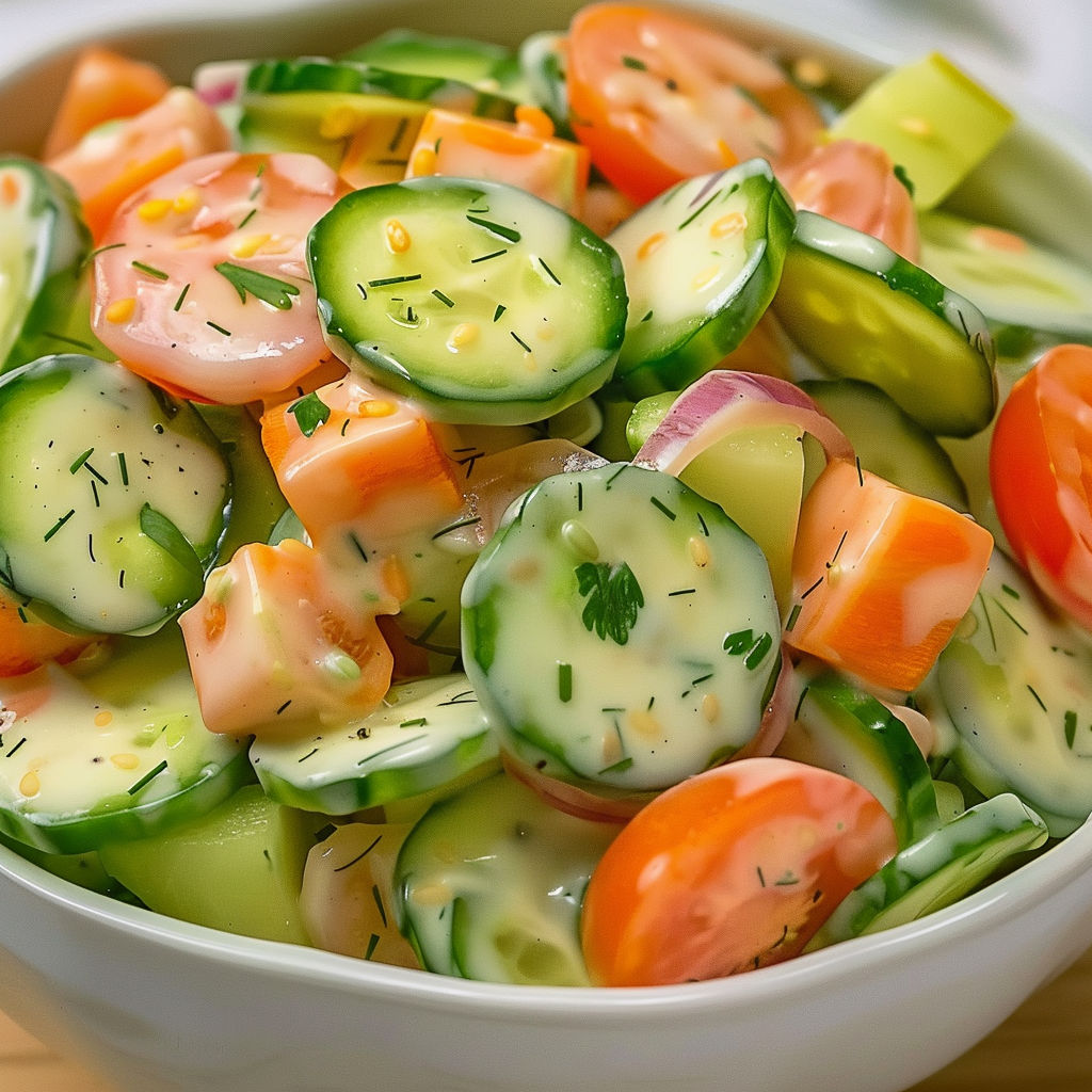 Un bol de salade croquante avec concombres et tomates.