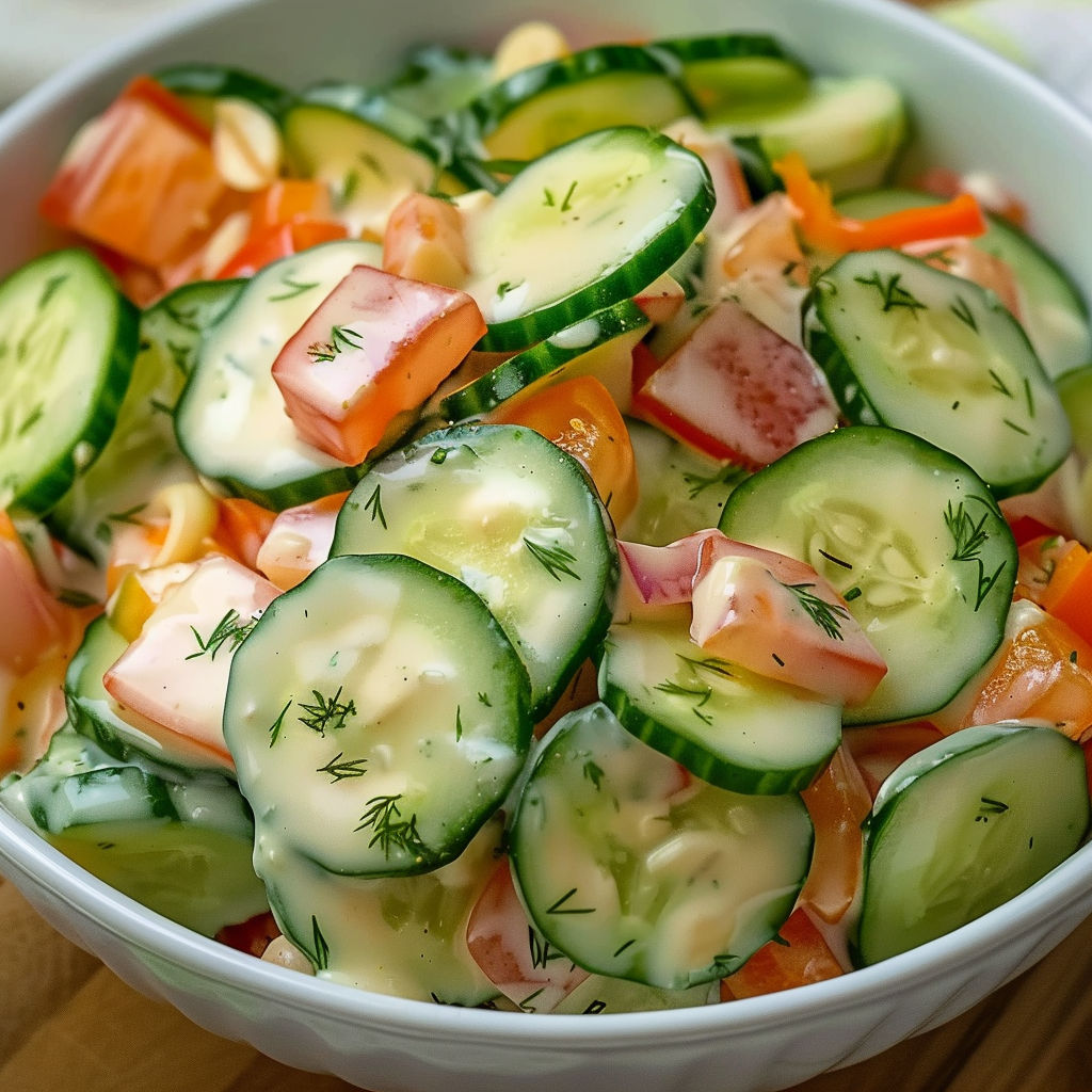 Un grand bol garni de concombres et tomates mélangés.